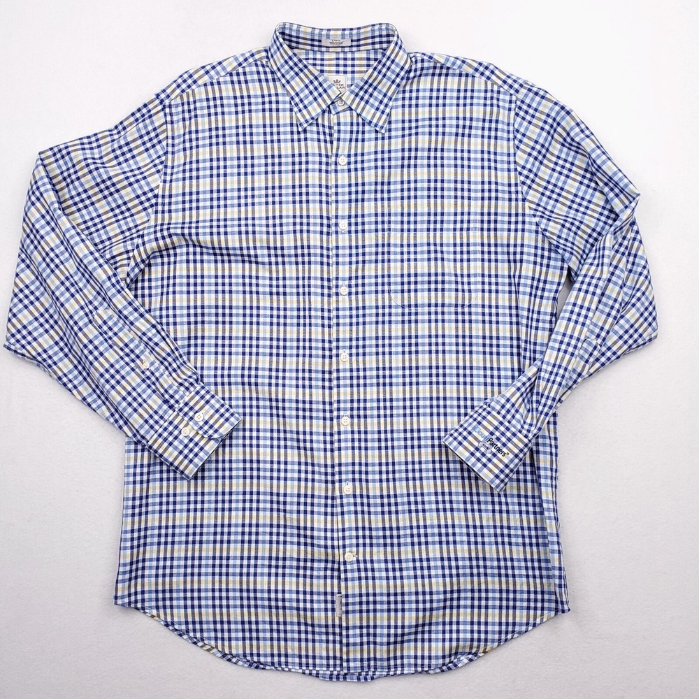 Peter Millar Shirt Men Large Blue Yellow Plaid Oxford Cloth Button Up Embroidery